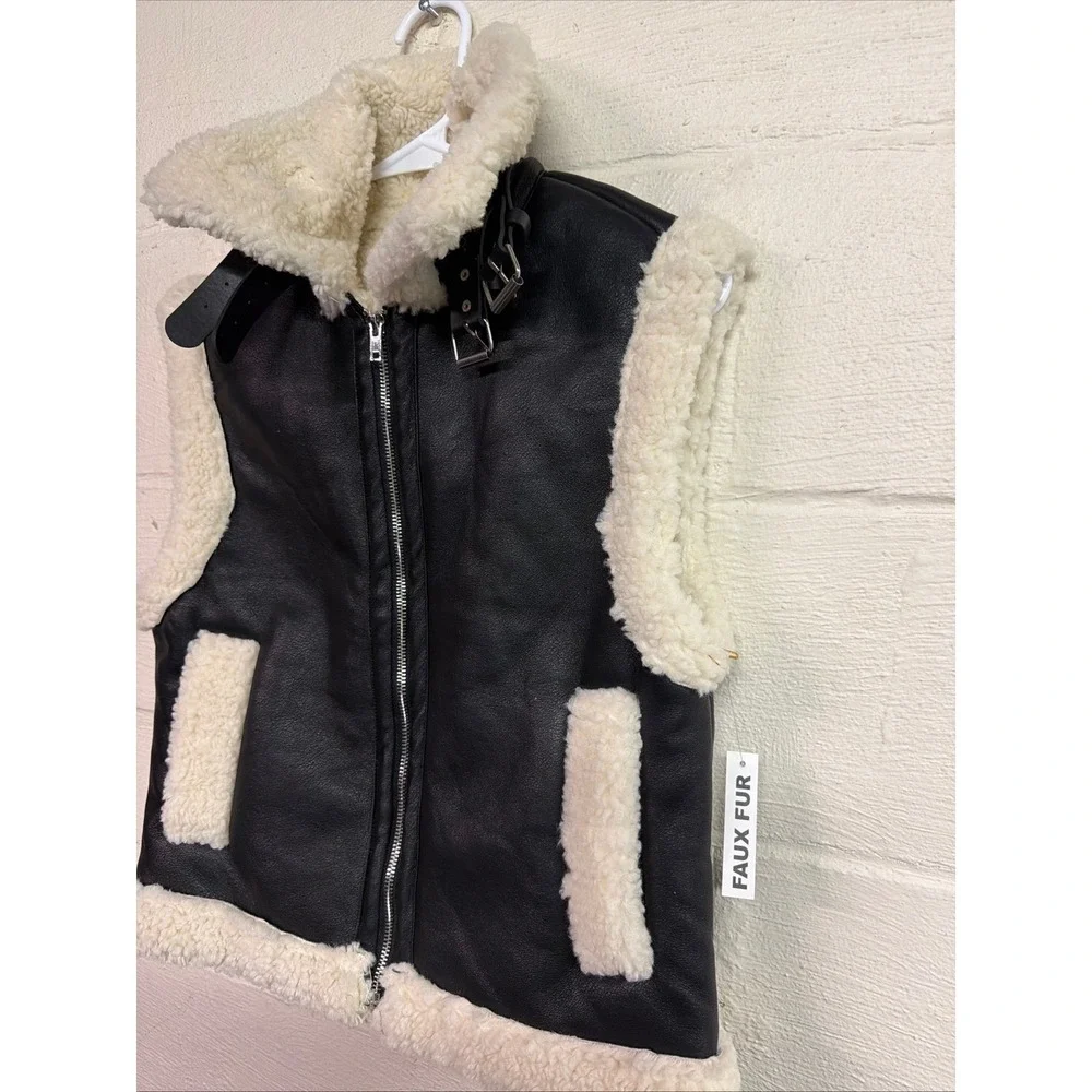 Black Faux Leather Aviator Vest Cream Faux Shearling grunge goth‎ cozy concert